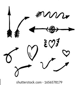 drawing picture set collection of graphic elements and symbols arrows and hearts, sketch, hand drawn by ink isolated vintage illustration