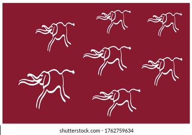 drawing picture set of elements a herd of young elephants running across the savannah, sketch, hand-drawn in the style of cave paintings, comic digital vector illustration