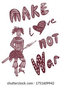 conjunto de imágenes de dibujos con letras "haz el amor, no la guerra", y un guerrero zulú africano con una columna de plumas y una lanza, boceto, dibujantes con patrones de ilustración vectorial digital