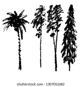 drawing picture, set of isolated elements, four trees, drawn in charcoal, sketch, hand-drawn vector illustration