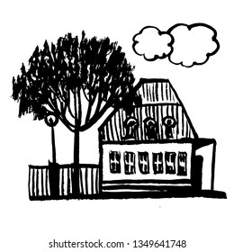 drawing picture of a set of isolated elements, a cute little one-story old house and a spreading tree in the garden, a sketch hand-drawn ink graphic cartoon doodle vector illustration