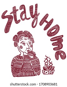 drawing picture set of isolated elements: lettering "stay home" and grandmother in hair curlers chewing hot cakes and watching TV, sketch, hand drawn digital vector illustration