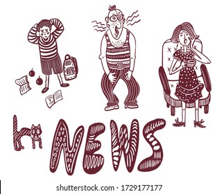 drawing picture a set of lettering elements, the family in the evening at the TV listens to the news and experiences, sketch, hand-drawn vector illustration