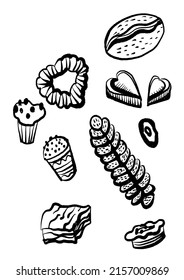 drawing picture set of pastries on white background, sketch, hand drawn digital vector illustration