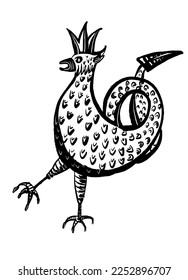 drawing picture side view of the figure of Zilant, the fabulous dragon from Kazan Hill, sketch, hand drawn, emblem symbol, vector illustration