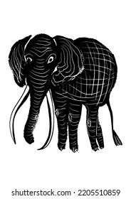 drawing picture silhouette of a funny black elephant with folds on the skin, sketch, hand drawn digital vector illustration