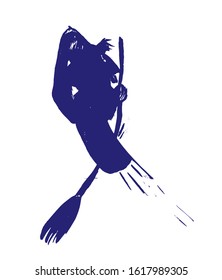 drawing picture silhouette of a witch flying in a mortar with a broom, cartoon illustration of an ink blot, sketch, hand-drawn graphic vector illustration