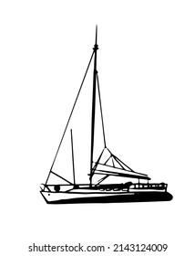 drawing, picture slender beautiful sailing yacht, sketch, hand drawn isolated on white vector illustration