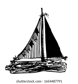 drawing picture small toy children’s boat made of pieces of wood and a piece of cloth, sketch, hand-drawn ink vector illustration