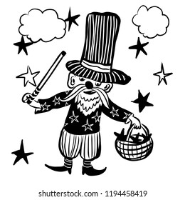 drawing picture of a small wizard with a beard and mustache, in a cylinder and with a magic wand, collects stars in a basket, sketch, hand-drawn comic digital vector illustration