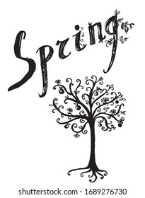 letras, textos, letras y dibujo estilizado de un árbol de flor de resorte, boceto, ilustración vectorial dibujada a mano