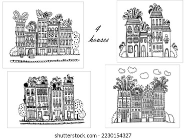 dibujo, conjunto de stickers, conjunto de pequeñas casas lindas aisladas en fondo blanco, boceto, ilustración vectorial digital dibujada a mano
