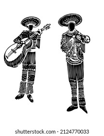 drawing picture of street dressy mexican mariachi musicians playing trumpet and guitar, sketch, hand drawn digital vector illustration