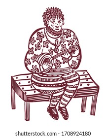 drawing picture of a street musician sitting on a bench and playing the banjo, sketch, hand drawn vector digital illustration