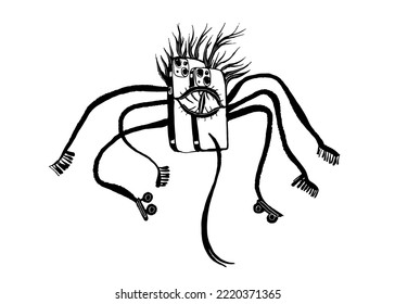 drawing picture of a terrible hairy nightmare spider with a body made of mobile phones with a camera, sketch, hand drawn digital comic illustration