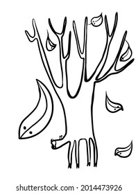 drawing picture tree elk and leaves stingrays, falling leaves, absurdity, surrealism, comic sketch hand drawn illustration