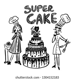 drawing picture two cooks girls and a huge multi-layered cake, hand-drawn cartoon comic digital vector illustration