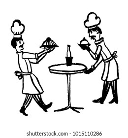 drawing picture two cooks served on a table of dishes in a restaurant, sketch, hand-drawn comic graphic vector illustration