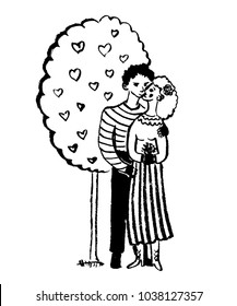 drawing picture two lovers hugging and kissing under a tree with hearts, sketch, hand-drawn comic graphic vector illustration