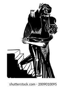 drawing picture two people in love kissing on the stairs, sketch, hand drawn digital vector illustration