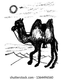 drawing picture of a two-humped camel wanders through the desert under the scorching sun, sketch, hand-drawn with coal vector illustration