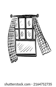drawing picture window with fluttering curtains, sketch, hand drawn ink digital vector illustration