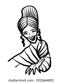 drawing picture of a woman wearing 19th century clothes and hairstyle smiling, sketch, hand drawn digital vector illustration