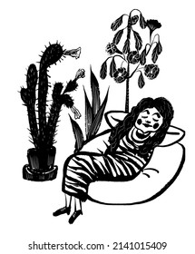 Drawing Picture Young Girl Relaxing In Bean Bag Chair In Home Garden With Potted Flowers, In Blooming, Sketch, Hand Drawn Comic Vector Illustration