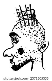 drawing picture of a young man with a funny creative hairstyle on his head, sketch, hand drawn digital comic illustration