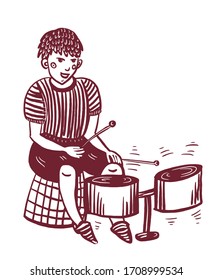 drawing picture of a young man playing the drums, sketch, hand drawn comic doodle cartoon digital vector illustration