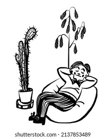 Drawing Picture Young Man Relaxing In Bean Bag Chair In Home Garden With Potted Flowers, Sketch, Hand Drawn Comic Vector Illustration