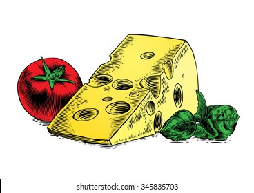 Drawing of piece of cheese with fresh basil and tomato