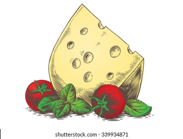 Drawing of the piece of cheese with tomato and basil