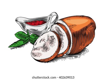Drawing of pieces of smoked pork meat with fresh green basil and red tomato sauce in the sauce-boat