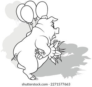 Drawing of a Piggy with a Bouquet and Balloons Standing on its Hind Legs from Rear View - Cartoon Illustration Isolated on White Background, Vector