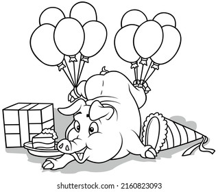 Drawing of a Piggy at a Party with Balloons Tied at its Hind Legs - Cartoon Illustration Isolated on White Background, Vector