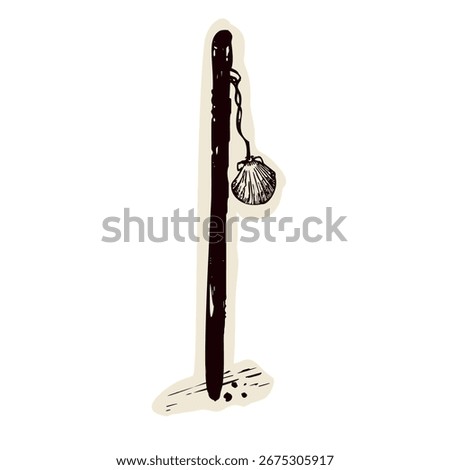 Drawing of pilgrims way shell walking stick and  backpack motif set. For Canterbury religious sacred trail or Camino pilgrimage. Simple sketched jubilee faith based sanctuary illustration logo
