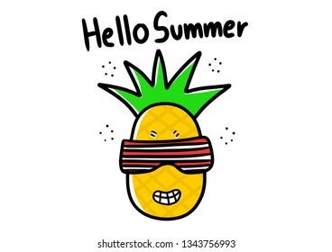 Drawing pineapple cartoon isolated on white background.Hello summer concept.Vector illustration.