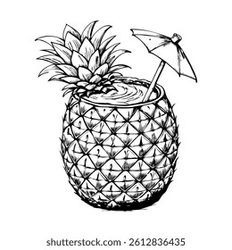 A drawing of a pineapple with a straw in it and an umbrella on top