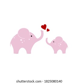 Drawing Of A Pink Elephant For A Girl Isolated On A White Background. Cute Children's Cartoon Illustration. Mom And Baby In The World Of Animals And Wildlife. Image For A Poster In The Children's Room