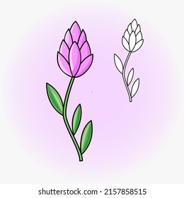 Drawing of  Pink Flower flat icon. Vector flat illustration.  Icon, sticker.  Magic and Halloween illustration. Coloring page.