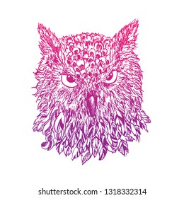 Drawing pink owl lines on a white background.Hand Sketch owl vector illustration.painting of purple birds.