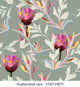 Drawing of a pink protea flower in cream leaves on a light gray background. Seamless vector floral pattern. Simple square repeating design for fabric and wallpaper.