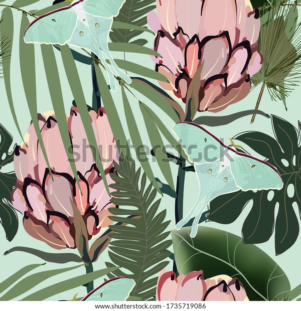 Drawing of a pink protea flower in pale green palm leaves on a light sage color background. Seamless vector floral pattern. Simple square repeating design for fabric and wallpaper.