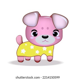 Drawing of a pink puppy wearing a yellow star shirt. on a white background.