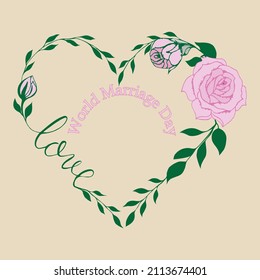 Drawing of pink roses and green pedals on heart shape. World marriage day concept. Vector illustration