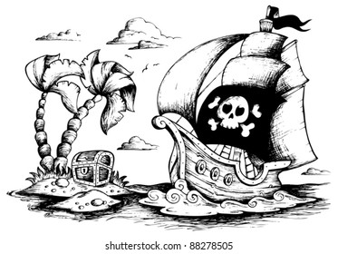 Drawing Of Pirate Ship 1 - Vector Illustration.