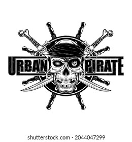 Drawing of a pirate's skull with an eye patch. Crossed sabers and helm. Vector illustration for t shirt print. Jolly Roger. Black tattoo. Poster of a urban pirate.