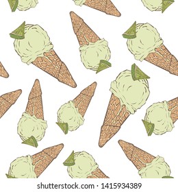 drawing of pistachio ice cream in a waffle Cup of light green color with a piece of lime on top hand-drawn