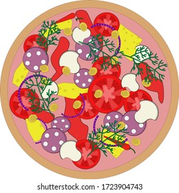 
Drawing pizza with salami, tomatoes, corn, onion, mushrooms, herbs, cheese. Vector image on a white background.